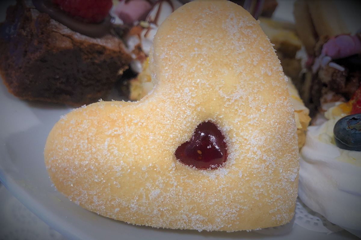 A heart shaped jam biscuit